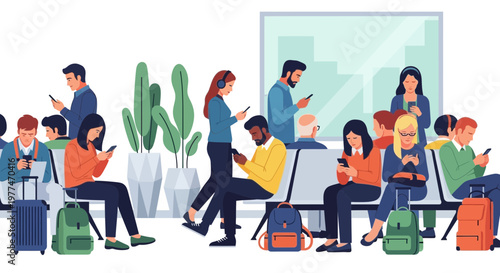Diverse people using smartphones in a modern waiting area with luggage, flat illustration style.