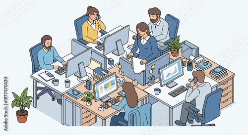 Modern Office Environment with People Working at Desks on Computers