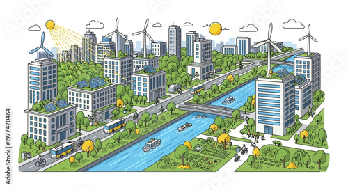 Eco-friendly city illustration with green buildings, solar panels, wind turbines, and clean water canal.
