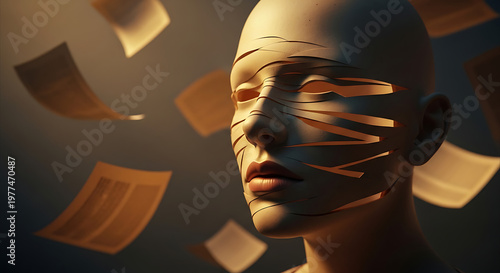 A close-up of a human face made of paper with strips revealing a glowing interior.