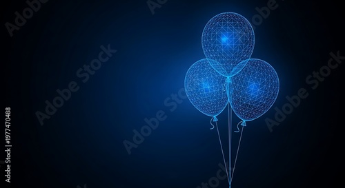 Futuristic illustration of three glowing blue polygonal balloons against a dark background