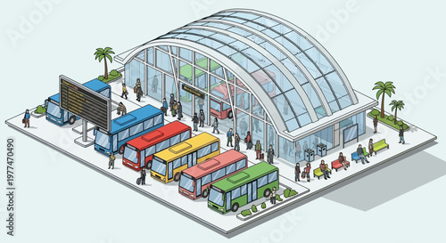 Modern Bus Station Architecture with Arched Glass Roof and Colorful Buses