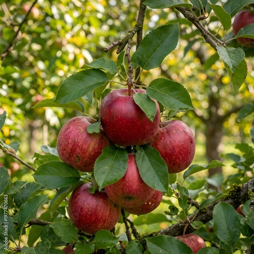 Cluster of ripe red apples hanging from tree branch with green leaves in orchard