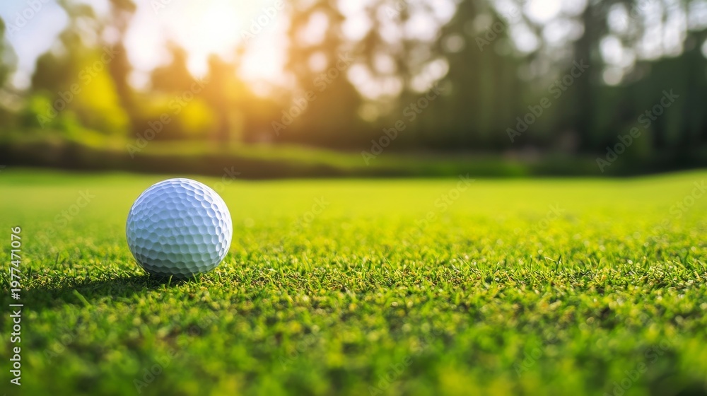 Obraz premium Golf ball on the grass waiting for a player at the course during sunset in the evening light