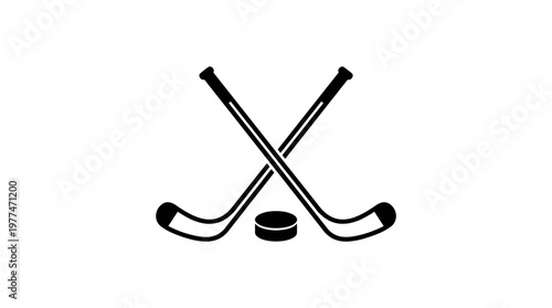 Crossed Ice Hockey Sticks and Puck Silhouette, isolated white background.