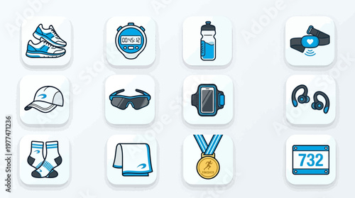 Set of Modern Fitness and Sport Accessory Line Icons, isolated white background.