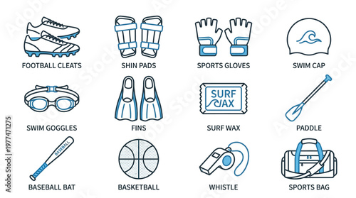 Line art sports equipment icons including cleats gloves basketball paddle