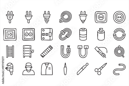 Electrician Icon Set Featuring Tools Equipment and Systems