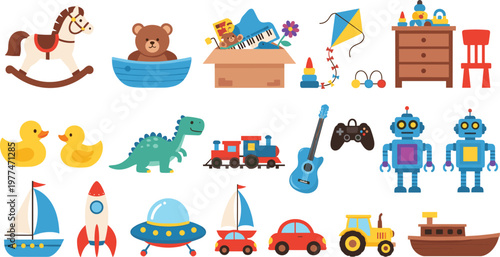 Kids Toys Collection with Rocking Horse, Teddy Bear, Dinosaur, Robot, Vehicles and Musical Instruments for Children Illustration Design