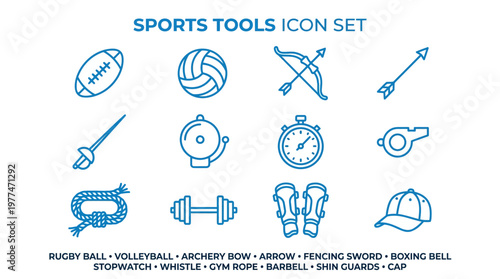 Flat sports tools icon set with ball whistle stopwatch and cap