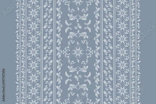 Vector Ornamental Damask Floral Border Pattern. Elegant Gray Silver Ornament. Oriental Ethnic Textile. Perfect for a Silk long Scarf, Shawl or Hallway Runner. Handmade Illustration.