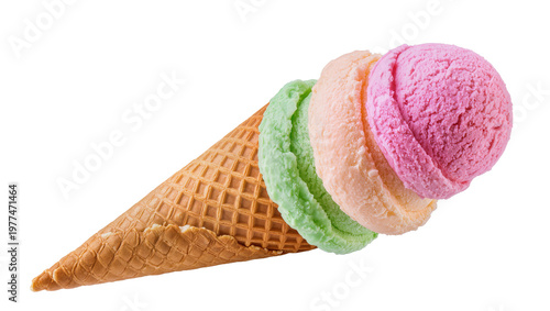 Quadro su tela Triple scoop ice cream cone with green peach, and pink flavors