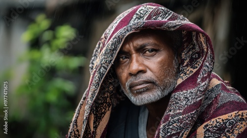An older African man wearing a colorful blanket over his head, standing outside in the rain, looking directly at the camera with a serious expression, close-up, detailed facial features and expression