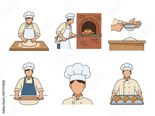 Baker character scenes: kneading dough, baking bread, and holding croissants in flat vector illustration style