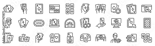 Set of 30 outline icons related to playing cards. Linear icon collection. Editable stroke. Vector illustration