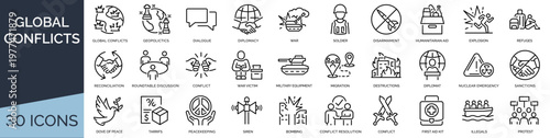 Set of 30 outline icons related to global conflicts. Linear icon collection. Editable stroke. Vector illustration