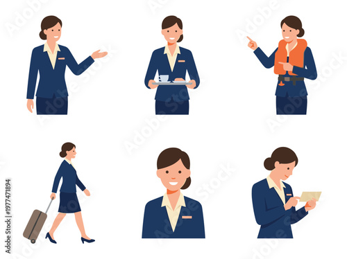 Flight attendant set, professional air hostess performing various inflight duties, flat vector illustration collection
