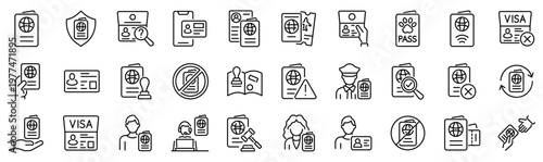 Set of 30 outline icons related to passport. Linear icon collection. Editable stroke. Vector illustration