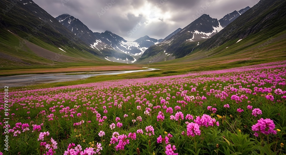 Fototapeta premium Vibrant pink flowers blooming in a mountain valley with snowy peaks and cloudy sky