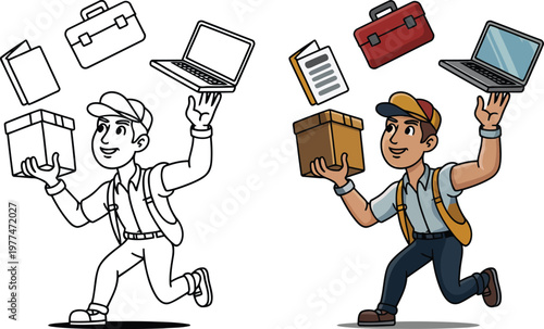 Multitasking Delivery Professional Juggling Various Orders to Illustrate Logistics Efficiency Express Shipping Services and Fast E-commerce Supply Chain Management Solutions