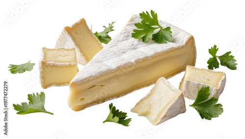 Tableau sur toile Wedge of creamy brie cheese with parsley garnish, isolated on transparent backgr