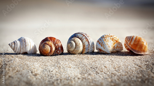 Panoramic view of a row of assorted seashells on a sandy beach