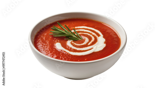 Quadro su tela Creamy tomato soup swirl with rosemary sprig in ceramic bowl