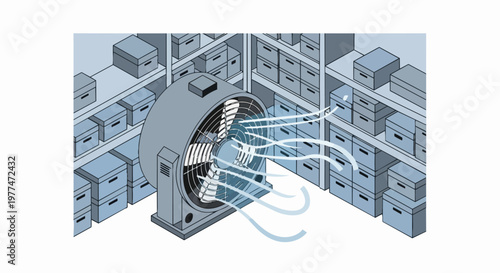 Isometric Illustration of an Industrial Fan for Warehouse Ventilation and Airflow Control in a Storage Facility with Boxes
