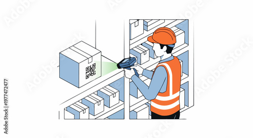 Warehouse Worker Scanning QR Code on Box with Handheld Scanner for Inventory Management and Logistics Illustration