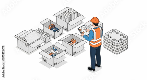 Warehouse Worker Inspecting Inventory Boxes in Isometric Logistics Illustration