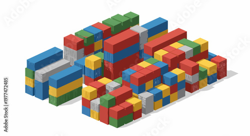 Isometric View of Colorful Shipping Containers Set for Logistics, Supply Chain, and Global Trade Industry Concept Isolated on White Background