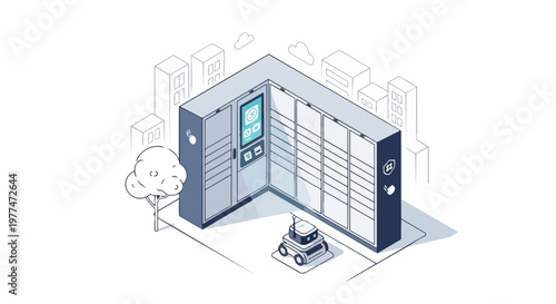 Automated Smart Locker System with Autonomous Delivery Robot Isometric Illustration - Last Mile Logistics Concept