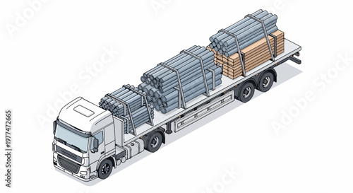 Isometric Semi-Truck Flatbed Carrying Industrial Steel Pipes and Construction Lumber. Professional Vector Illustration for Logistics and Building Material Transportation.