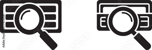 Magnifying glass examining data grid with search icons in black and white vector style