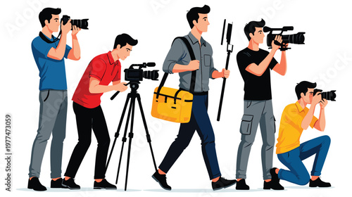 Male videographers with cameras and equipment in evolution of filming progression.