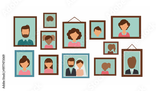 Family photo frames wall cartoon vector illustration memories gallery set