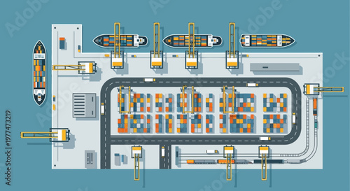 Top View of a Busy Container Port with Ships, Cranes, Trucks, and Trains