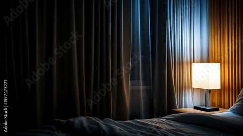 Modern bedroom with a bedside lamp glowing beside a bed and curtains at night. Blue and warm tones create a calm and cozy interior atmosphere.