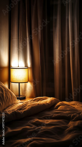 Warm bedside lamp glows beside an unmade bed and dark curtains, creating a calm and cozy nighttime bedroom atmosphere with soft amber light.