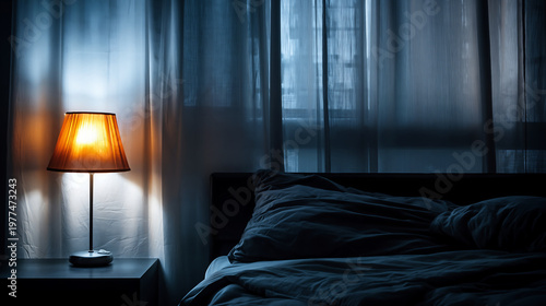 bedside lamp, bedroom, night interior, bed, window curtains, cozy bedroom, warm light, table lamp, dark room, home interior, relaxation, bedtime, sleep, comfort, bedroom decor, interior design, home, 