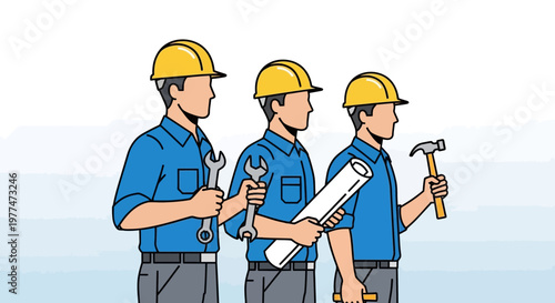 Construction Workers Team with Tools and Blueprint, Ready for Work