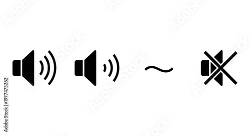 Minimalist speaker icon set, black volume control symbols for audio interface, mute and sound level vector elements for web and mobile apps
