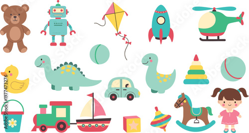 Kids Toys Collection with Teddy Bear, Robot, Rocket, Dinosaur, Vehicles and Play Objects for Children Cartoon Illustration Design