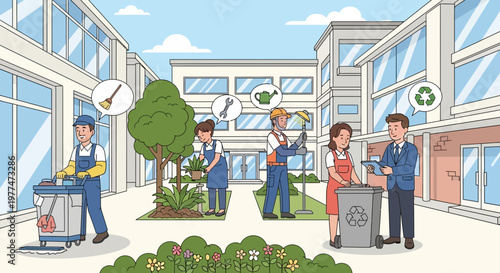 Diverse team maintaining clean and green urban environment, office buildings