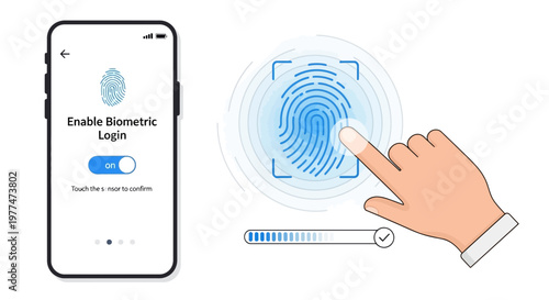 Biometric login, fingerprint scan, mobile authentication, security icon, access control