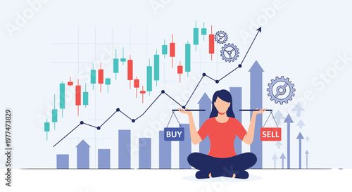 Woman balancing buy and sell scales against a backdrop of financial trading charts and rising stock market indicators.