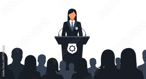 Businesswoman speaking at podium, public speaker, conference presentation, meeting illustration, corporate communication