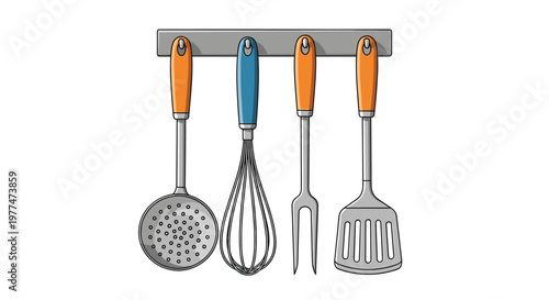 Set of common kitchen utensils including a slotted spoon whisk fork and spatula hanging neatly on a metallic rack.
