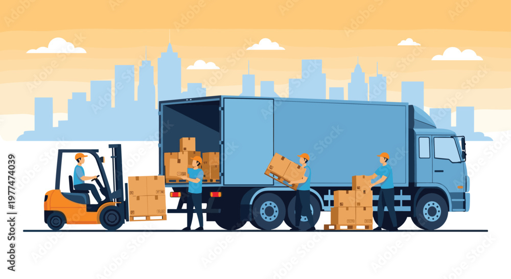 Fototapeta premium Workers loading a large blue delivery truck with cardboard boxes using a forklift in an urban industrial setting.