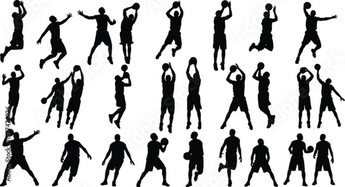 Silhouettes of Basketball Players in Different Action Poses, Dynamic Sports Illustration for Athletics and Team Sports